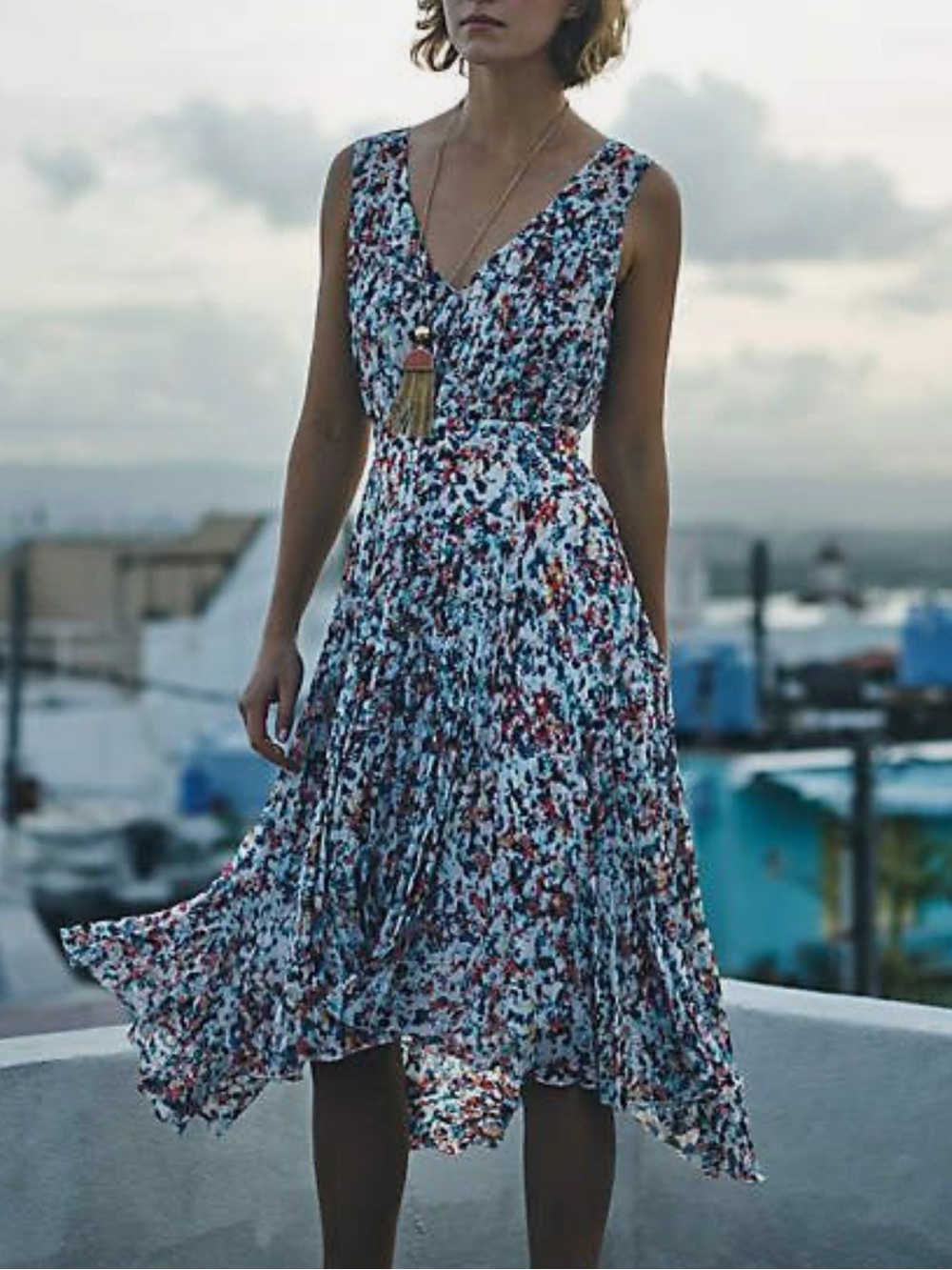 Plenty by Tracy Reese White Multicolor Floral Pleated Midi Dress